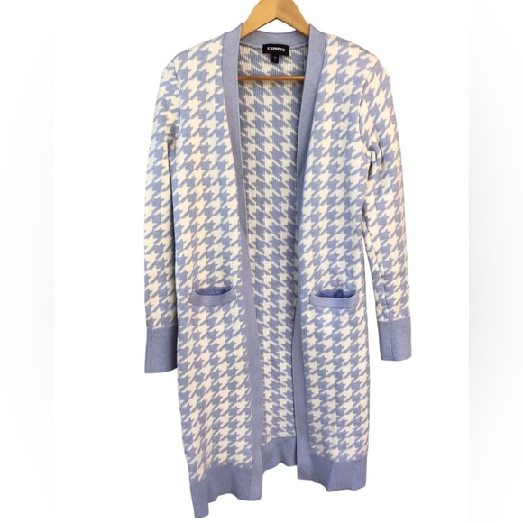 Express Blue White Open Front Duster Cardigan Pockets Size Small - Picture 3 of 10